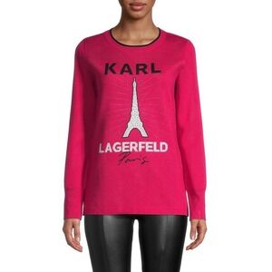 Karl Lagerfeld Paris Hot Pink Eiffel Tower Rhinestone Sweater M NWT Parisian